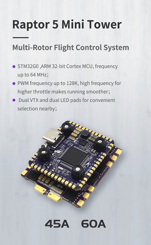 FlyColor Raptor5 Mini Flight Controller 4-in-1 ESC Tower 60A, Suitable For Drone FPV Quadcopter Aircraft