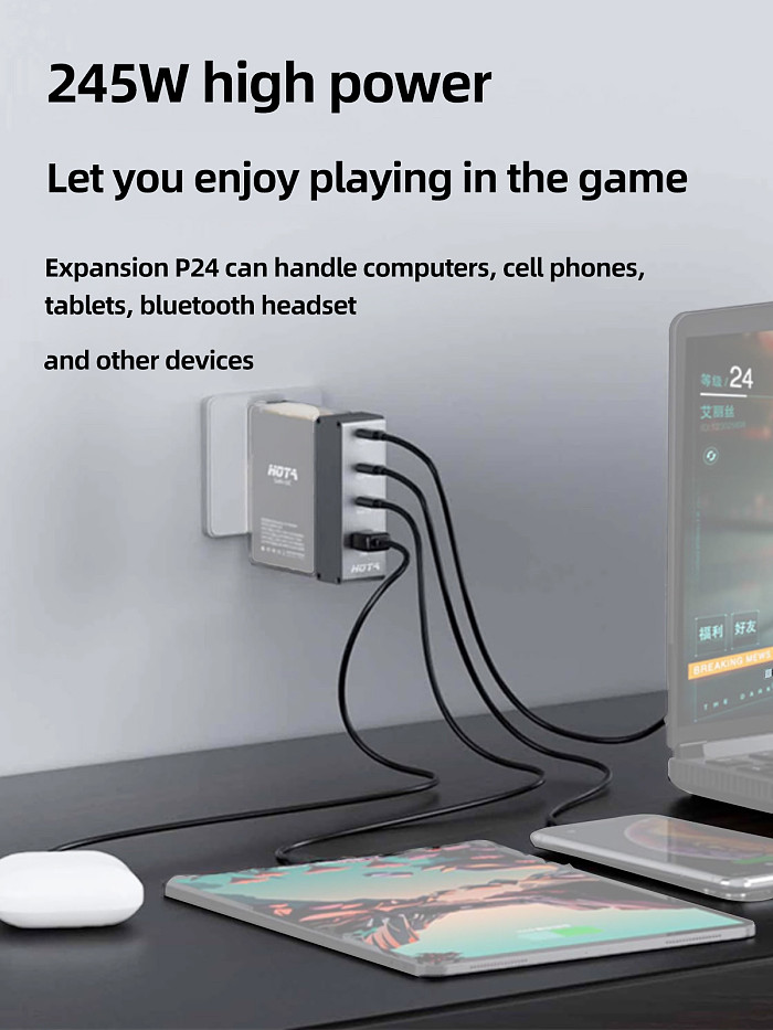 HOTA P24/H24-248W Charger Multi-port PD Quick Charge Type C for Mobile Phone Laptop Tablet Bluetooth-compatible Headset USB