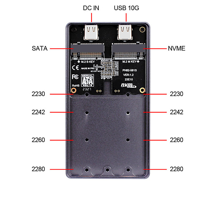 NGFF M.2 NVME SATA Single Chip Dual Protocol Dual Disk USB3.2 10Gb Portable Storage Hard Disk Case PH821-581
