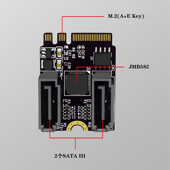 M2(A+E Key) to Dual Port SATA3.0 Expansion Card PCle 3.0 KEY A+E WIFI M.2 to SATA for NGFF 2230 SSD Adapter Card for PC Computer