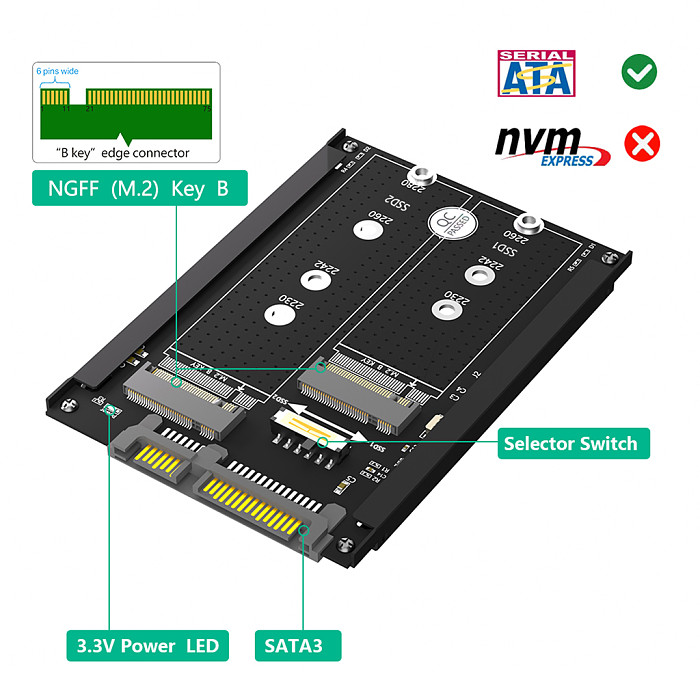 Dual  M.2 B Key/B&M Key SSD to 2.5  SATA III with Frame-Retain mSATA SSD as 7mm 2.5  SATA Drive for NGFF M.2 Key B SATA 3.0 SSD