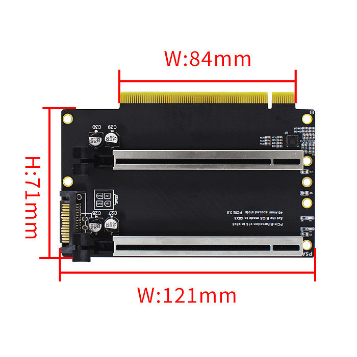 PCIe 3.0 x16 1 to 2 Expansion Card Split Card PCIe-Bifurcation x16 to x8x8 40.4mm Spaced Slots SATA Powered PCIE Gen3