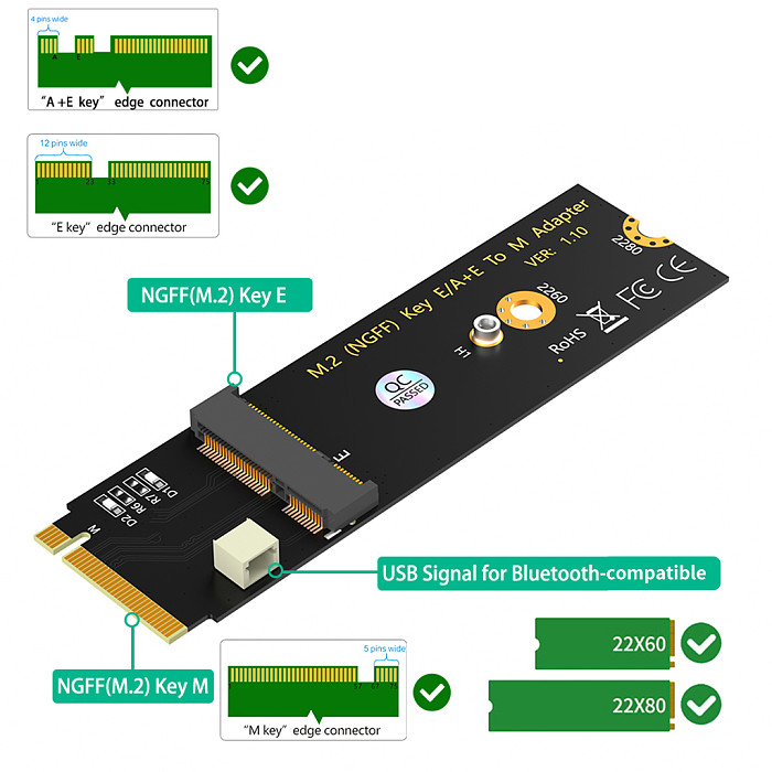 Upgrade Version M.2 for NGFF A+E key WiFi/Bluetooth-compatible Card to M.2 Key M Adapter Card for Intel