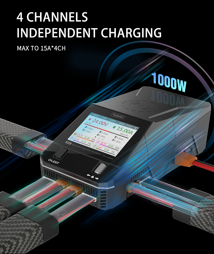 ToolkitRC Q6AC Black Aircraft Model Charger 1-6S American/European AC400W DC1000W 15A Four Channel XT60