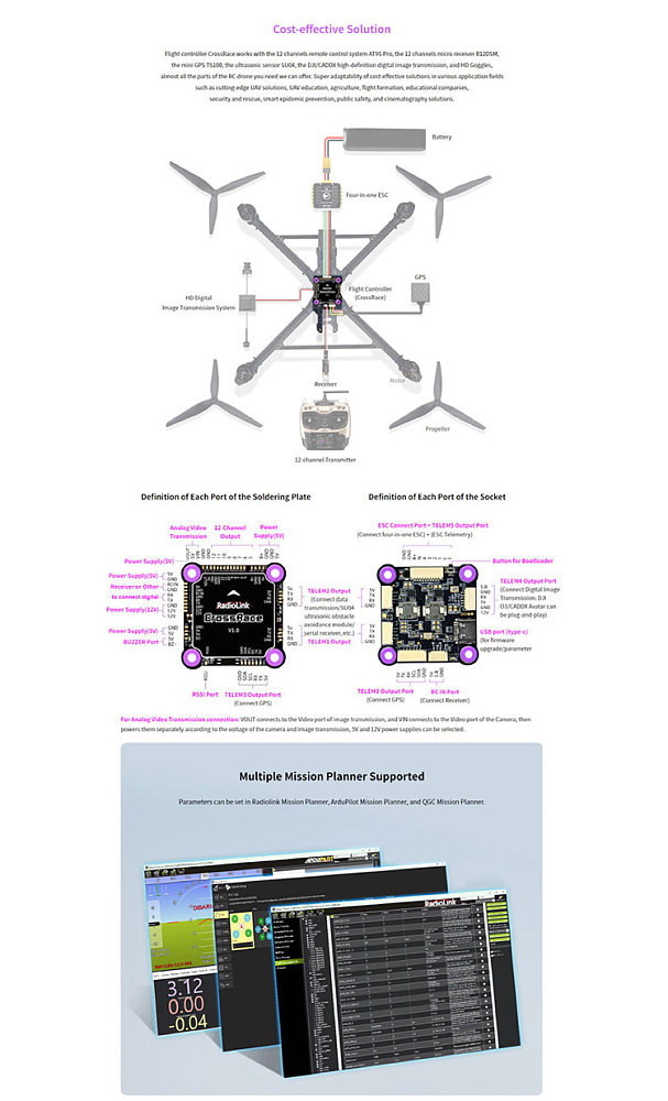 Radiolink CrossRace Flight Controller 12CH Output OSD Integrated  4-in-1 ESC Plug-and-play 2-8 axle Multirotor Drone Quadcopter