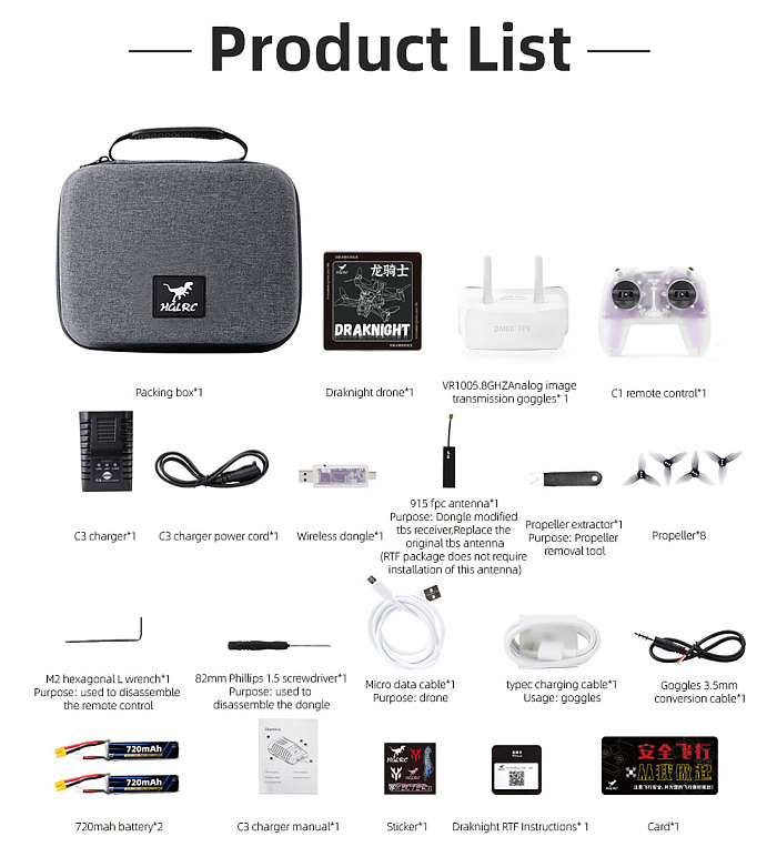 HGLRC RTF FPV Set Draknight 2inch 2S FPV Toothpick Micro Drone C1 Remote Controller Built-in 500mW ELRS 2.4G Radio 5.8Ghz FPV