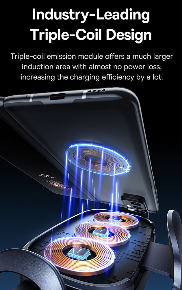 Baseus Black Chasing Light Three coil Electric Wireless Charging Car Holder Air Outlet Version