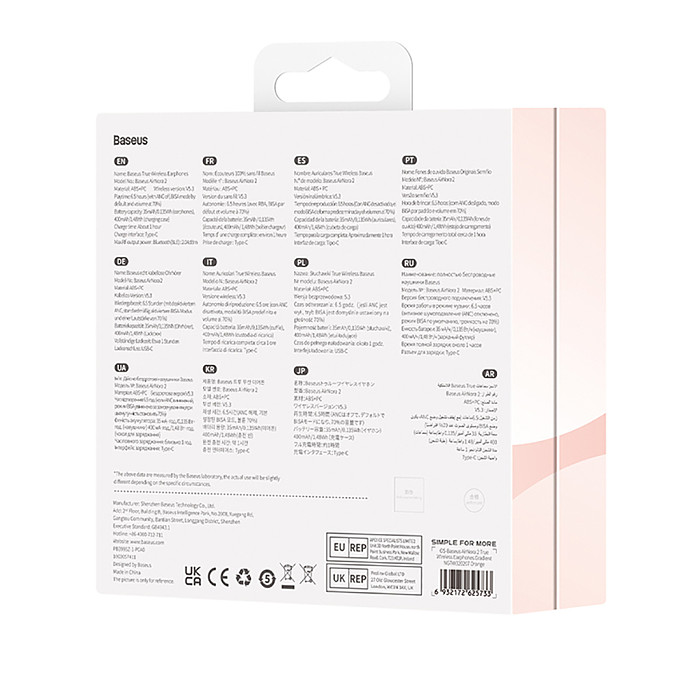 CN Baseus AirNora Series 2 TWS True Wireless Bluetooth-compatible Earphones Universal USB to Type-C 3A 0.39m+Dual Color Earcaps 4pcs