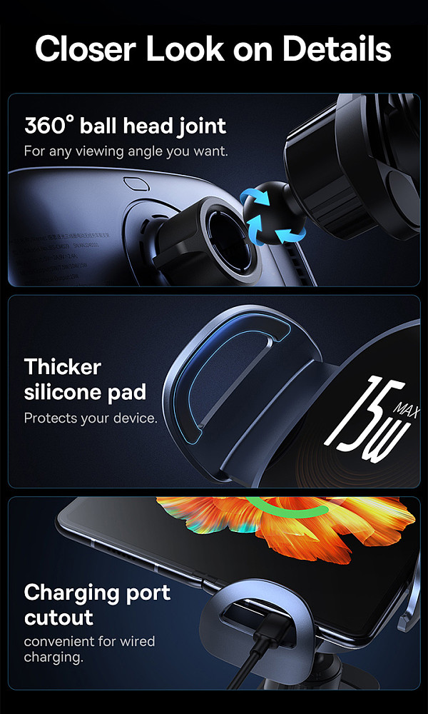 Baseus Black Chasing Light Three coil Electric Wireless Charging Car Holder Air Outlet Version