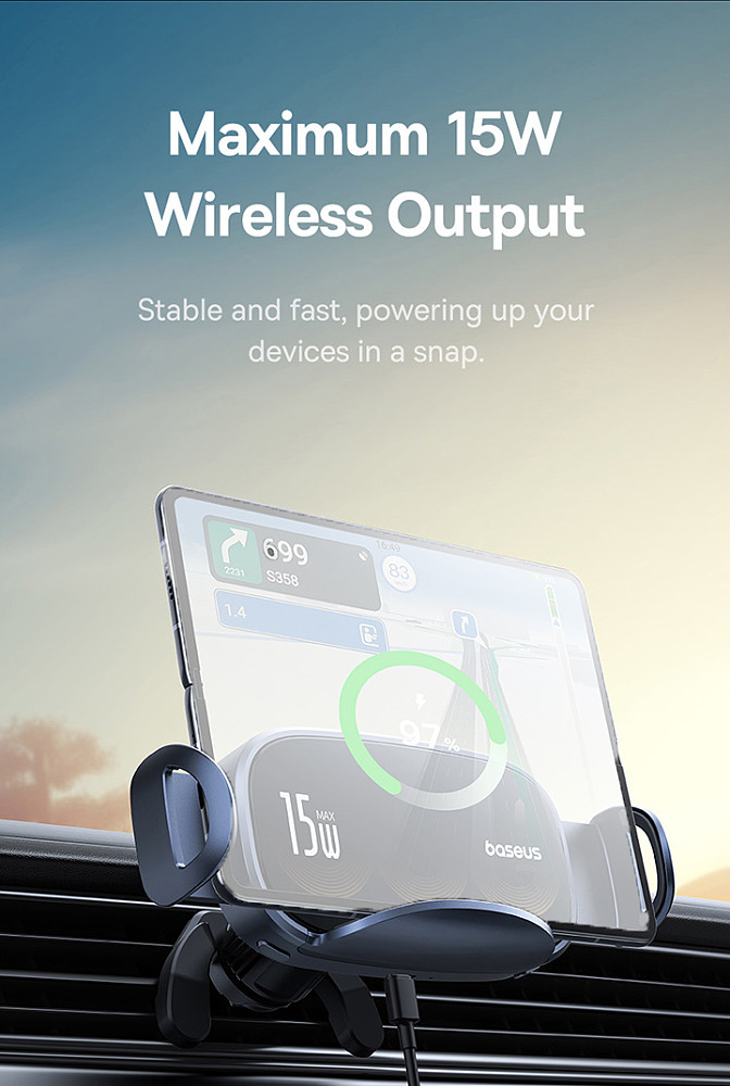 Baseus Black Chasing Light Three coil Electric Wireless Charging Car Holder Air Outlet Version