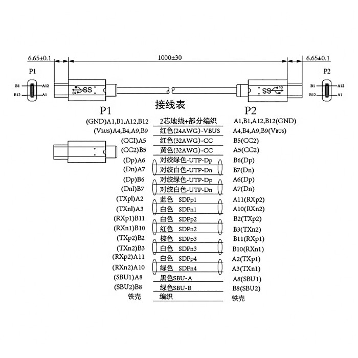 Type-c24pin Male to Male Cable 1m Typec 24pin 5A PD Test Cable