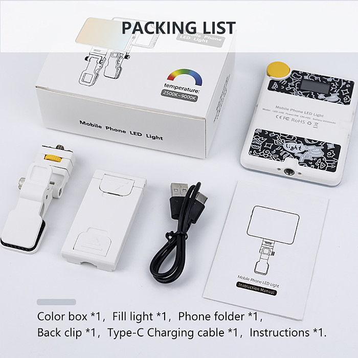 Mobile Phone Fill Light Rechargeable Selfie Led Light 2500K-9000K Dimmable for Smartphone Conference Video Makeup Live Stream