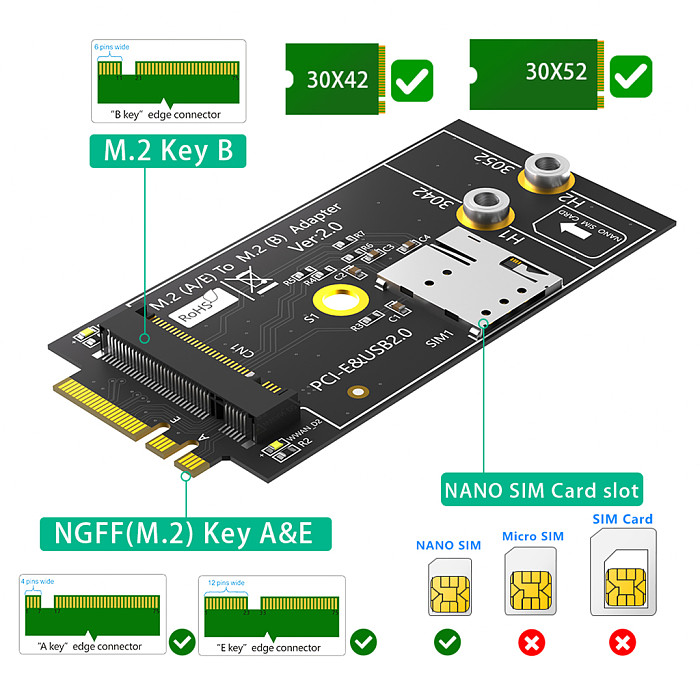 M.2 Key B to A+E Adapter Card with NANO SIM Card Slot for 3G/4G/5G LTE Module Support USB 2.0 / PCI-E M.2 B-Key 3042 3052 Card
