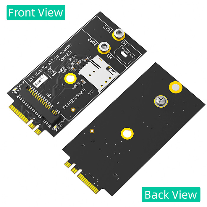 M.2 Key B to A+E Adapter Card with NANO SIM Card Slot for 3G/4G/5G LTE Module Support USB 2.0 / PCI-E M.2 B-Key 3042 3052 Card