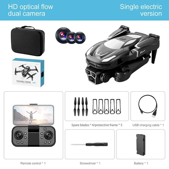 V68 Drone Optical Flow Obstacle Avoidance Three Camera Aerial Photography Aircraft Folding Remote Control Aircraft Set