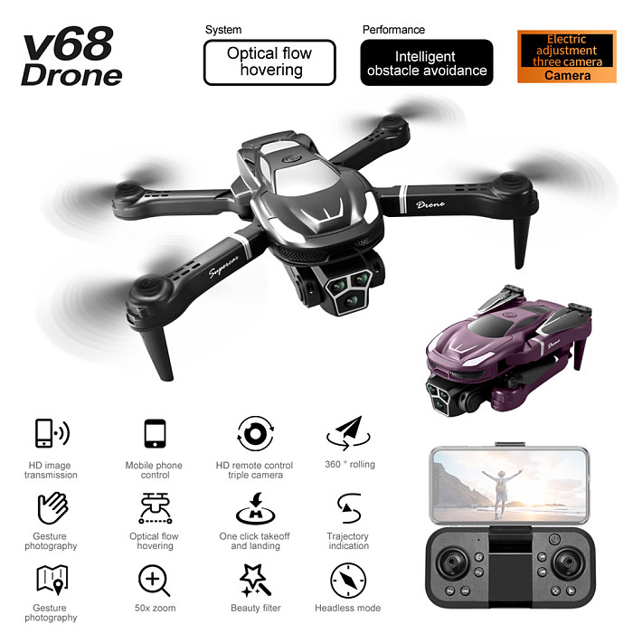 V68 Drone Optical Flow Obstacle Avoidance Three Camera Aerial Photography Aircraft Folding Remote Control Aircraft Set