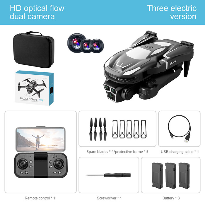 V68 Drone Optical Flow Obstacle Avoidance Three Camera Aerial Photography Aircraft Folding Remote Control Aircraft Set