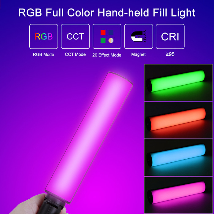 W200RGB LED Video Light Rechargeable RGB Handheld Light 2500K-9000K Dimmable with Mini Desktop Tripod for Vlog Live Streaming