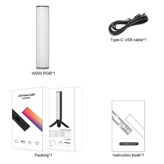 W200RGB LED Video Light Rechargeable RGB Handheld Light 2500K-9000K Dimmable with Mini Desktop Tripod for Vlog Live Streaming