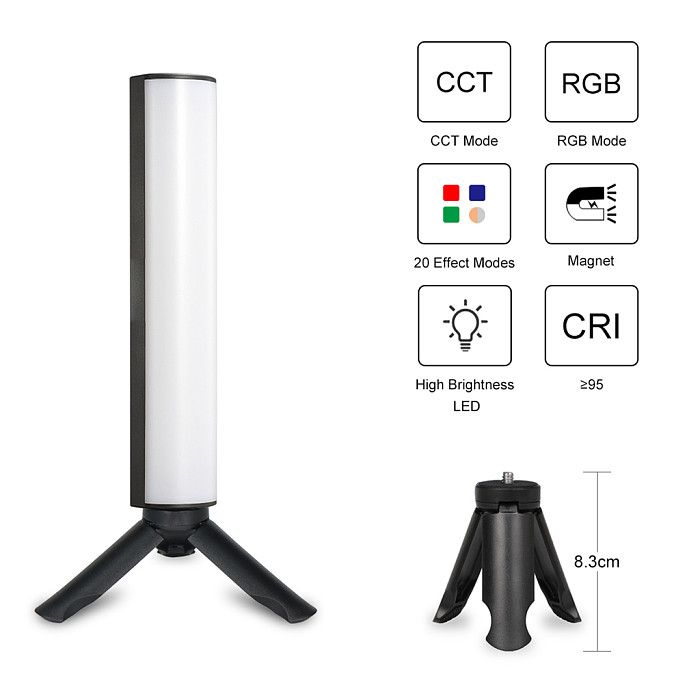 W200RGB LED Video Light Rechargeable RGB Handheld Light 2500K-9000K Dimmable with Mini Desktop Tripod for Vlog Live Streaming