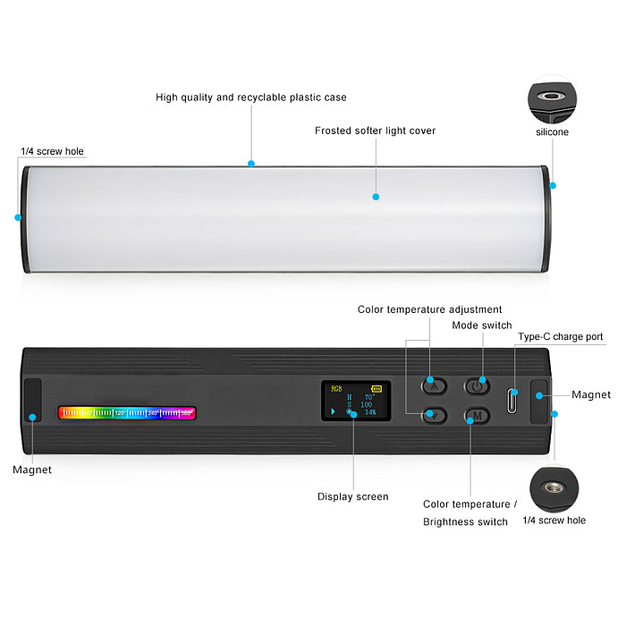 W200RGB LED Video Light Rechargeable RGB Handheld Light 2500K-9000K Dimmable with Mini Desktop Tripod for Vlog Live Streaming