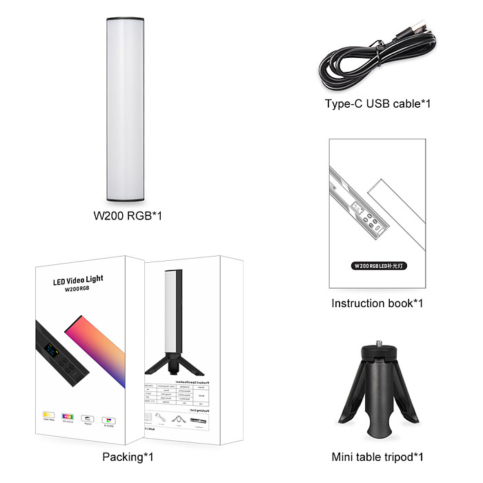 W200RGB LED Video Light Rechargeable RGB Handheld Light 2500K-9000K Dimmable with Mini Desktop Tripod for Vlog Live Streaming