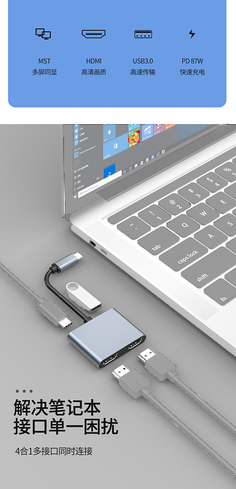 4 in 1 Usb Hub USB C to HDMI-compatible Splitter Type-C to Dual HDMI-compatible USB 3.0 Docking Station For MacBook PC Laptop