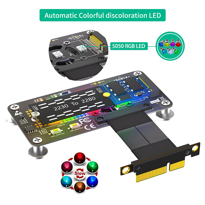 For M.2 NGFF NVME M-key SSD to PCI-E 1x 4x Extension Cable M.2 SSD to PCIe Adapter With Cooling Fan Automatic Discoloration LED