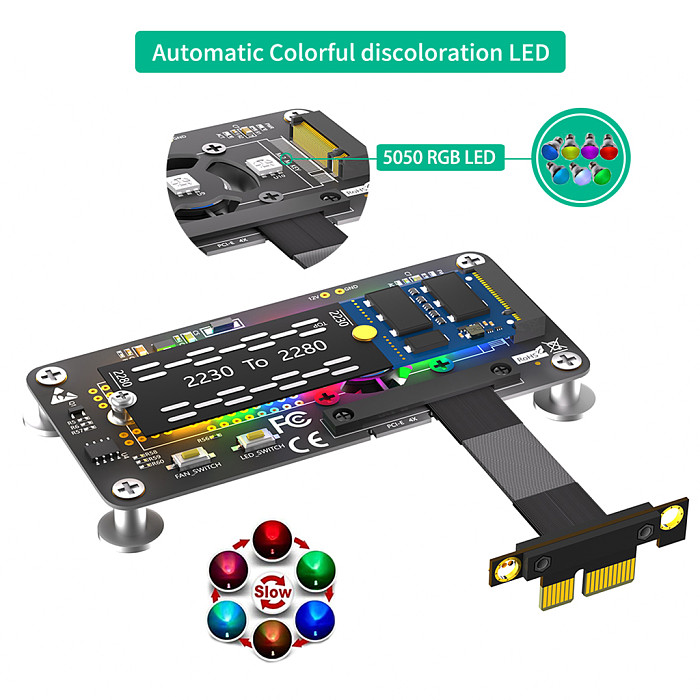 For M.2 NGFF NVME M-key SSD to PCI-E 1x 4x Extension Cable M.2 SSD to PCIe Adapter With Cooling Fan Automatic Discoloration LED