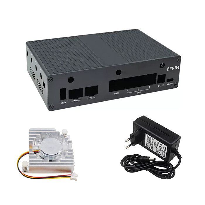 For Banana Pi R4 BPI-R4 Aluminum Case Metal Shell Protective Box with Cooling Fan 12V Power Supply for BPI-R4 Development Board