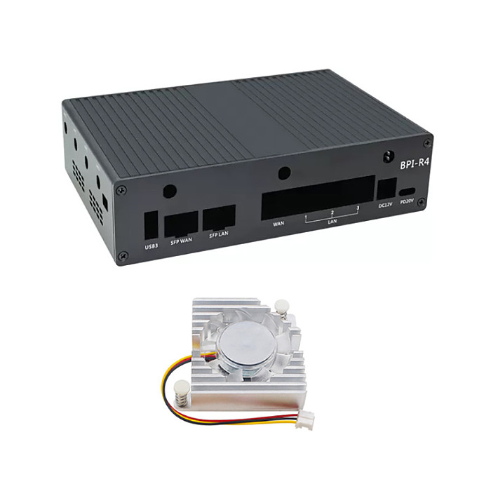 For Banana Pi R4 BPI-R4 Aluminum Case Metal Shell Protective Box with Cooling Fan 12V Power Supply for BPI-R4 Development Board