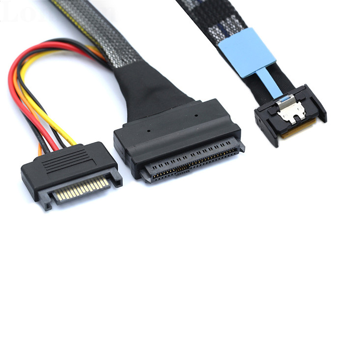 Gen5 MCIO Slimline SFF-8654 4I to U.2 SAS SFF-8639 Cable with SATA 15P Male Power Cable