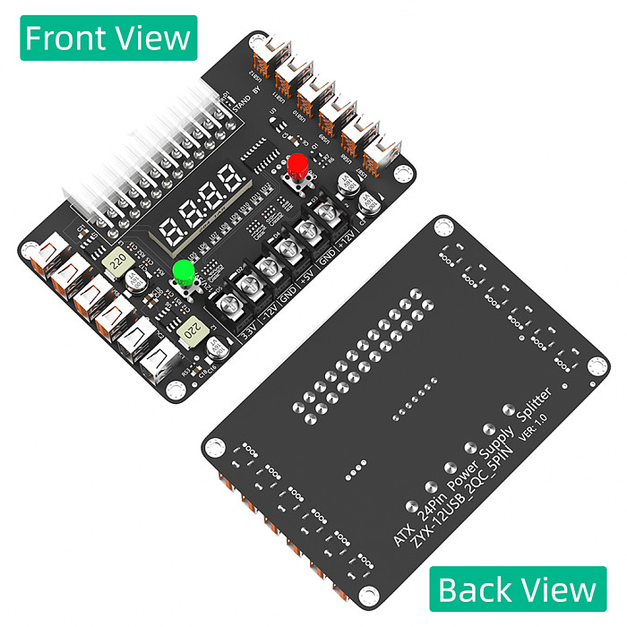 ATX 24Pin Power Supply Breakout Board and Acrylic Case Kit with 3.3V 5V 12V Output Voltage and 12 ports USB, 3A Maximum Output