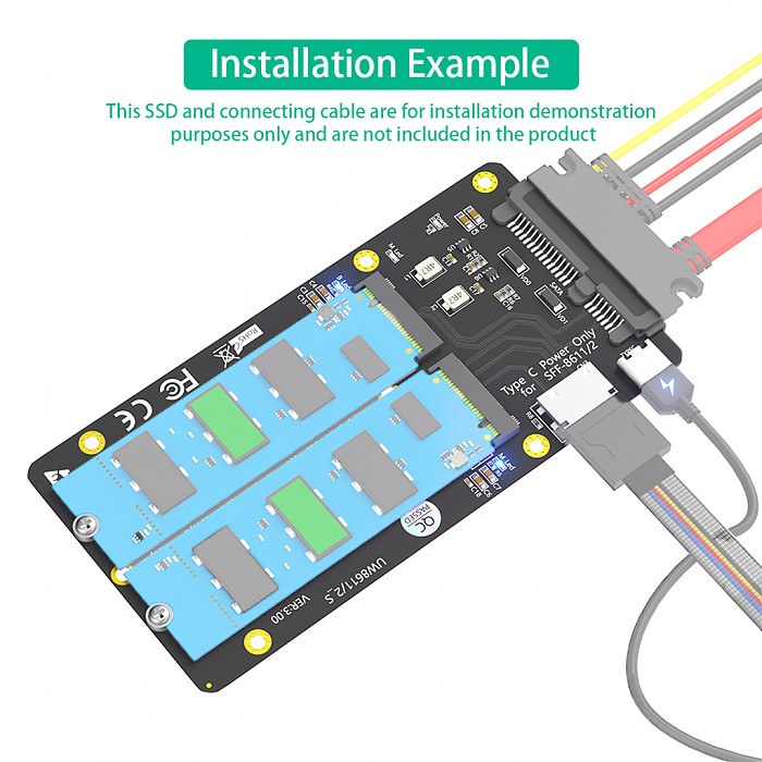2 in 1 for M.2(NGFF) NVMe / SATA-Bus SSD to SFF-8611/8612 & SATA Riser Type C Power Adapter Card for M2 2230 2242 2260 2280 SSD