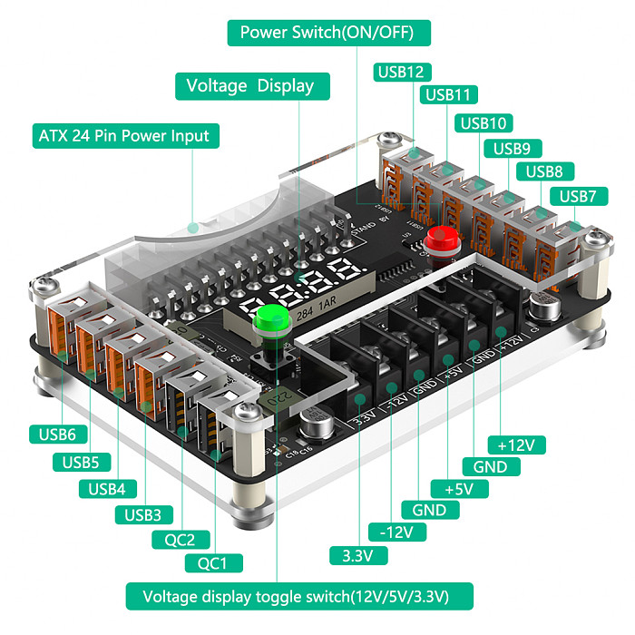 ATX 24Pin Power Supply Breakout Board and Acrylic Case Kit with 3.3V 5V 12V Output Voltage and 12 ports USB, 3A Maximum Output