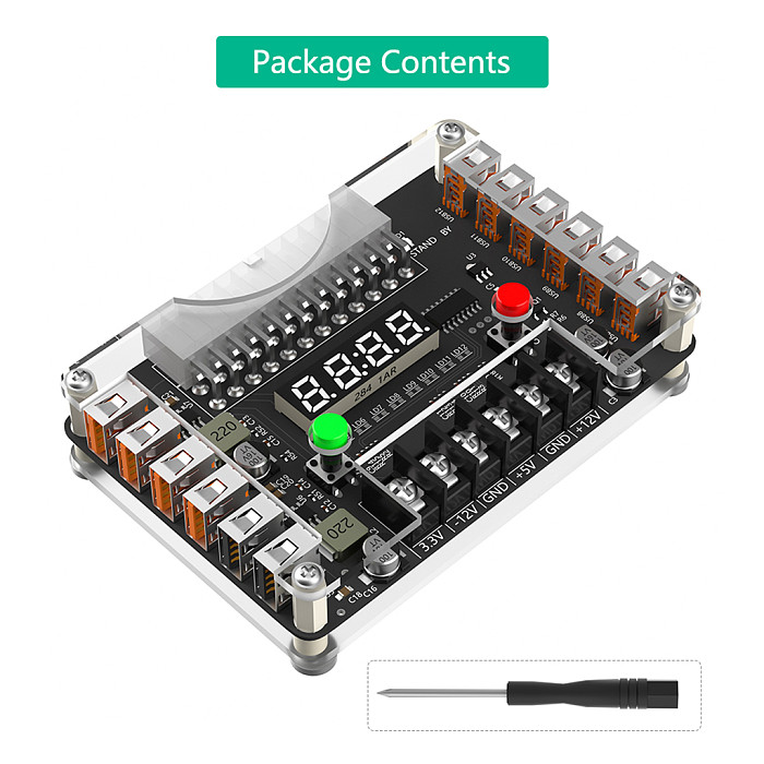 ATX 24Pin Power Supply Breakout Board and Acrylic Case Kit with 3.3V 5V 12V Output Voltage and 12 ports USB, 3A Maximum Output