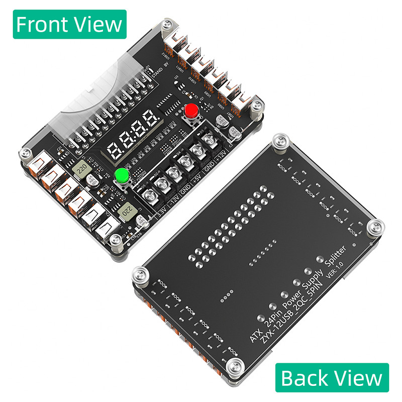 ATX 24Pin Power Supply Breakout Board and Acrylic Case Kit with 3.3V 5V 12V Output Voltage and 12 ports USB, 3A Maximum Output