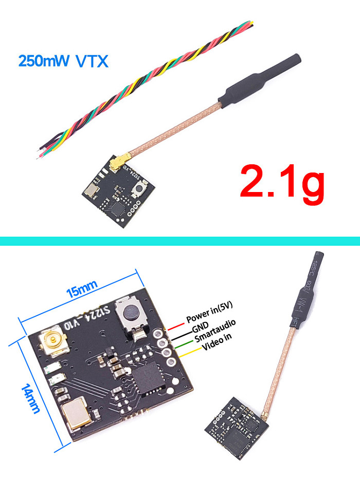 5.8G 48CH 250mW Mini VTX Power Adjustable FPV Transmitter 25mW/100mW/250mW Switched for RC Drone Multirotor DIY