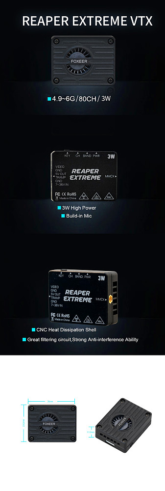 FOXEER 4.9G-6G Reaper Infinity 5.8G 10W 80CH VTX 2-8S Lipo 400mW/2W/5W/7.5W/10W Switchable Transmitter for Long Range RC FPV
