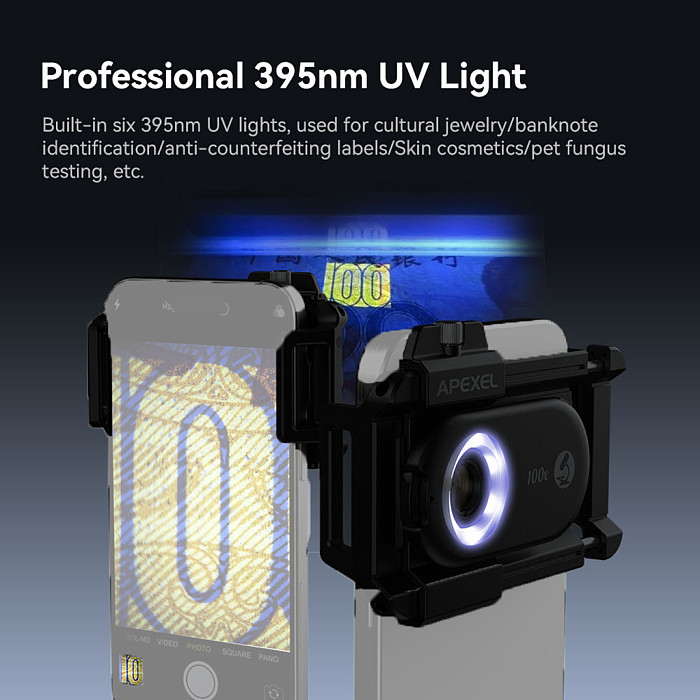(APEX EL) Purple Light Band LED Light Insect/JewelryShooting 100x 150x 200x Pulling 3-in-1 Buckle With CPL Portable Mobile Microscope