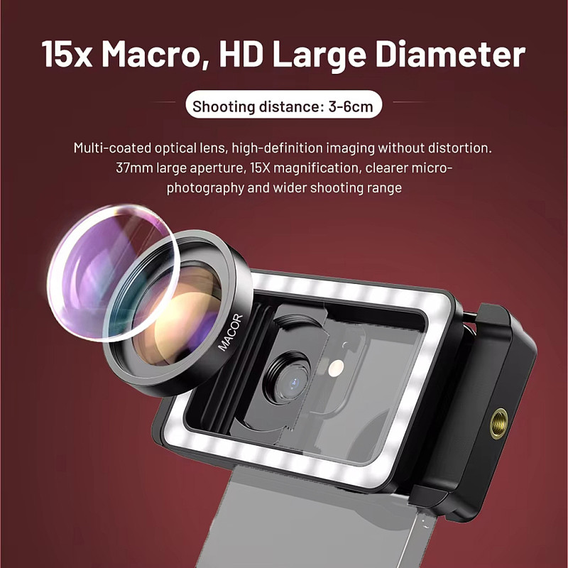 APEXEL For Eyelashes And Nails Photography with M15X Macro Display Finger 95+Fill Light Universal Clip Phone Lens For Apple Or Android