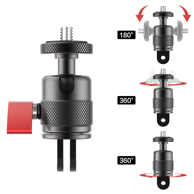 360 Degree Swivel Tripod Head Adapter 1/4  Screw Mount Ballhead Aluminum Alloy for GoPro Hero 13 12 for insta360X4 Action Camera