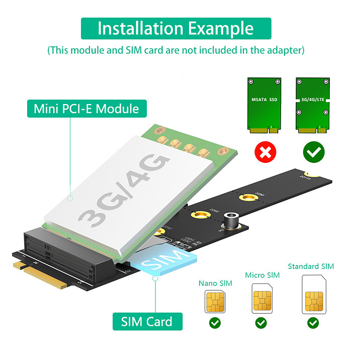 Mini PCI-E to M.2(NGFF ) key M Adapter With SIM card Slot for WiFi/WWAN/LTE Module For M.2 Key M 2242/60/80/110