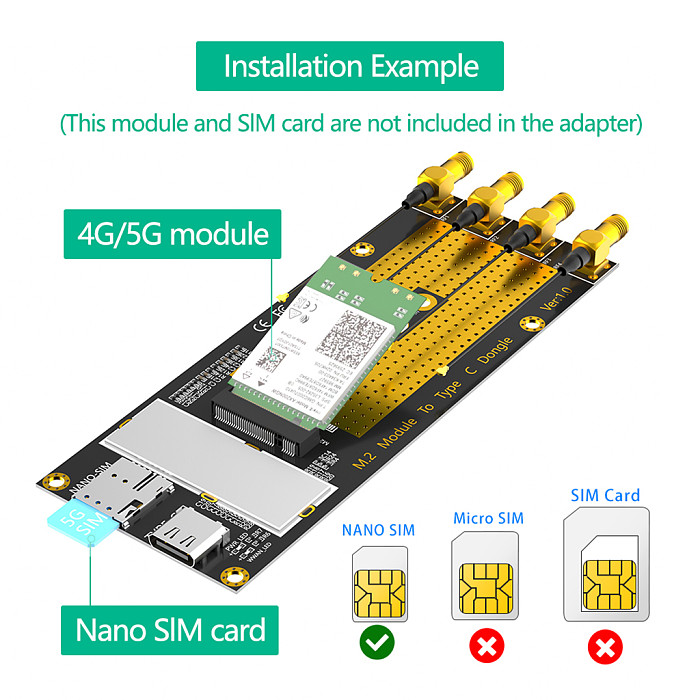 M.2(M.2) 3G/4G/5G Module to Type C /USB 3.0 Adapter with NANO SIM card Slot for RM500Q/RM500U /GM800/ SIM8200 Module