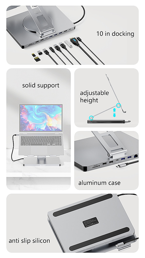 5Gbps Ipad Stand USB C Hub 4K 60HZ HD Type-C 100W PD SD/TF Slot Card Reader USB 3.010 In 1 Type-C Docking Station Ipad Holder