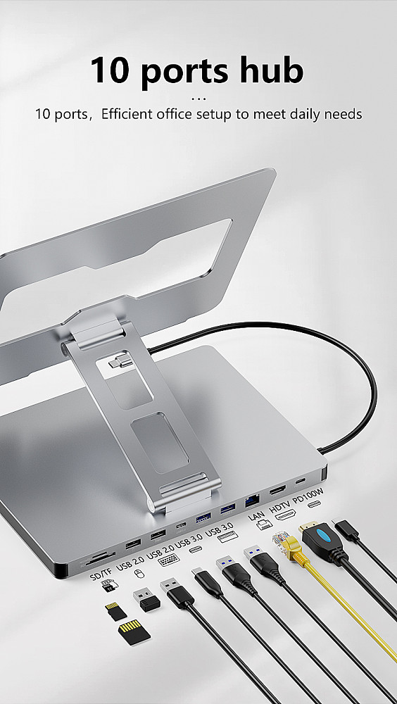 5Gbps Ipad Stand USB C Hub 4K 60HZ HD Type-C 100W PD SD/TF Slot Card Reader USB 3.010 In 1 Type-C Docking Station Ipad Holder