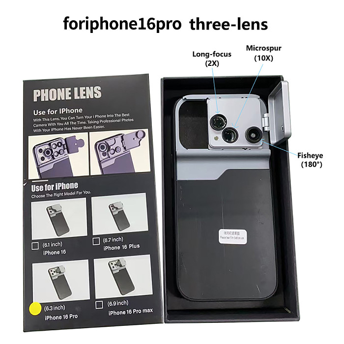 For iPhone 16 Pro/16 Pro Max Triple Lens 180° Fish-eye 2X Long-focus 10X Macrospur Telephoto Phone Case Shooting Lens