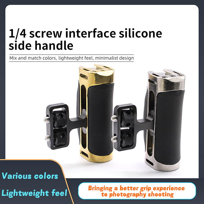 Side Handle with 1/4 -20 Screws Universal Aluminum Silicone Hand Grip for DSLR Camera Cage Monitor Bracket with Cold Shoe Mount