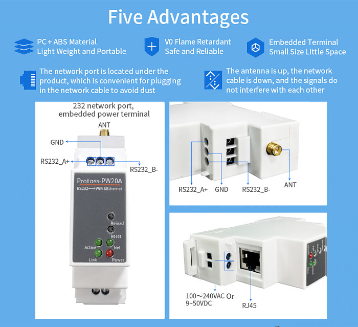 PW20A-M PW20A-H Gateway RS232 to WiFi/Ethernet serial communication server router PW20A