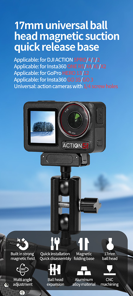 Bike Bicycle Clamp with 17mm Ball Head Adapter Magnetic Quick Mount for Insta360 Go3 Go3S for DJI OSMO 360 Action 5Pro Camera Accessories